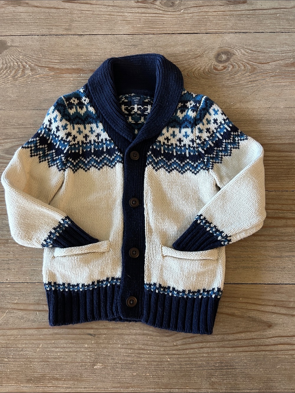 GAP Boys Cream & Navy Shawl Collar Fair Isle Cardigan